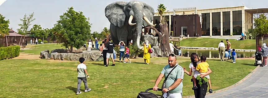 Families on the lawn, with the elephant statue and park buildings behind.